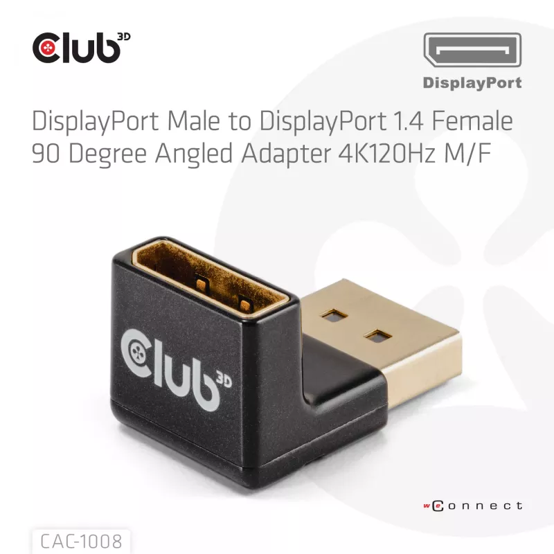 Adaptador club 3D DisplayPort macho a DisplayPort 1.4 hembra 90° en ángulo, compatible con 4K@120Hz