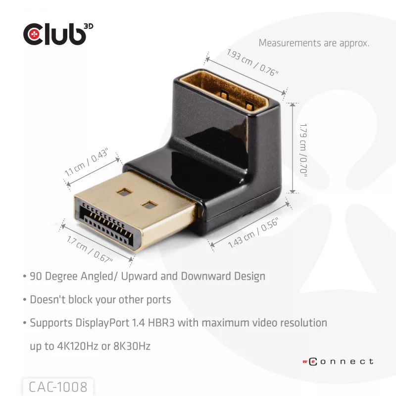 Adaptador club 3D DisplayPort macho a DisplayPort 1.4 hembra 90° en ángulo, compatible con 4K@120Hz