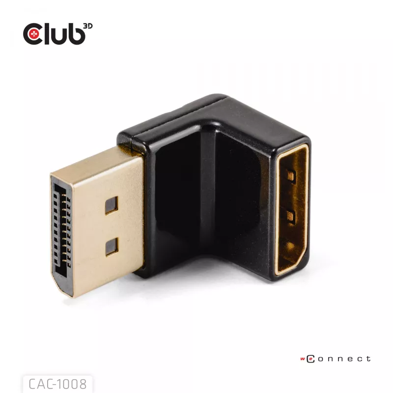Adaptador club 3D DisplayPort macho a DisplayPort 1.4 hembra 90° en ángulo, compatible con 4K@120Hz