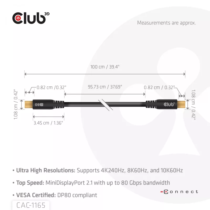 Cable bidireccional CLUB3D MiniDisplayPort™ a MiniDisplayPort certificado VESA DP80 M/M 1m/3,28ft