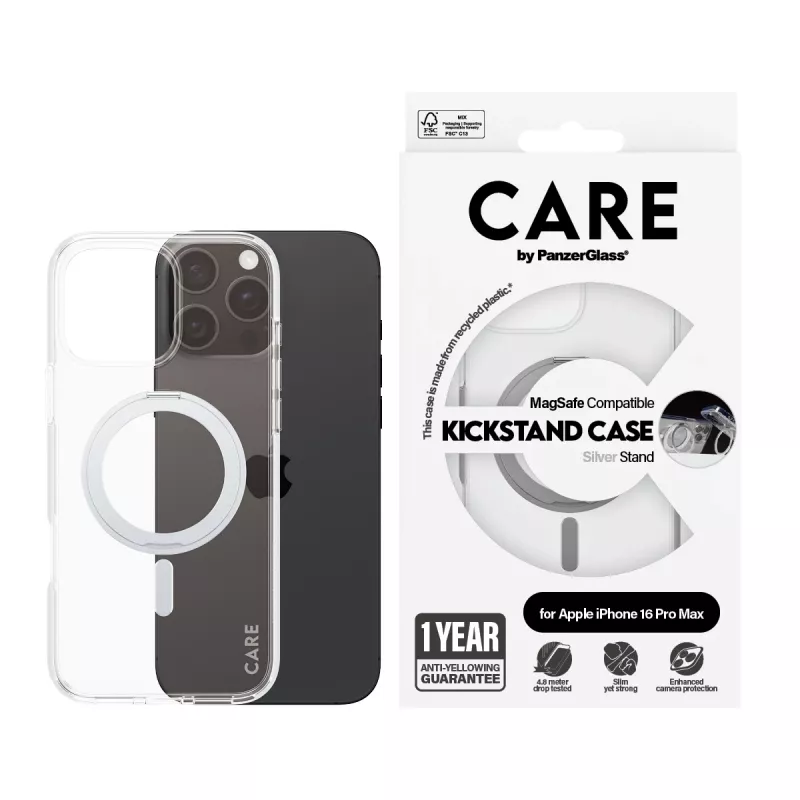 PanzerGlass CARE™ by ® Case Transparente con Kickstand plateado y MagSafe iPhone 16 Pro Max