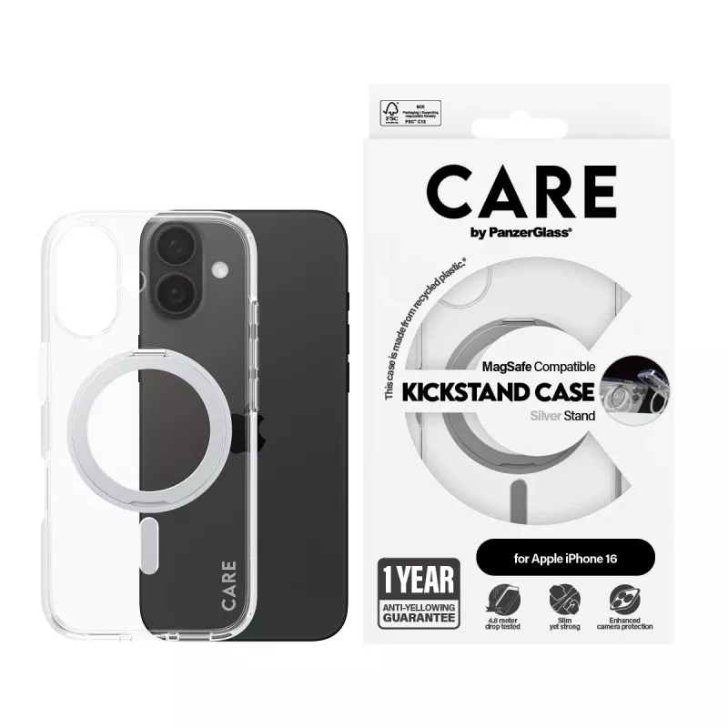 PanzerGlass CARE™ by ® Case Transparente con Kickstand plateado y MagSafe iPhone 16