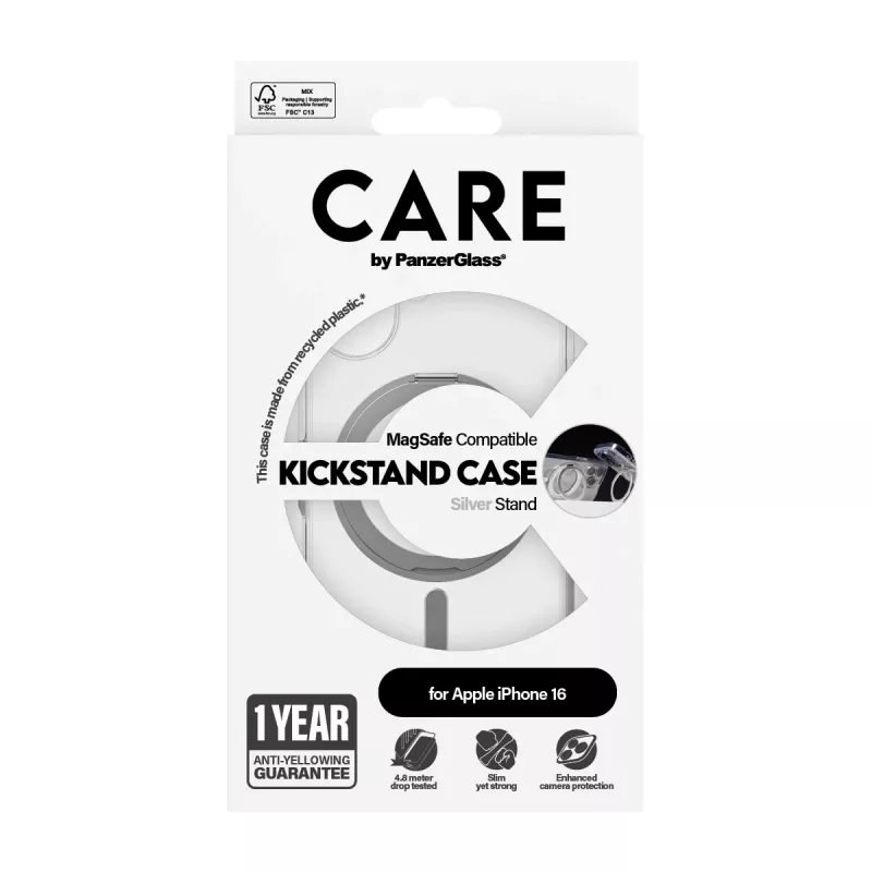 PanzerGlass CARE™ by ® Case Transparente con Kickstand plateado y MagSafe iPhone 16