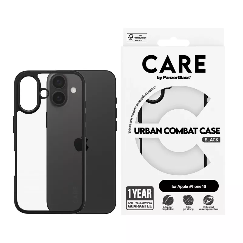 Funda PanzerGlass CARE™ by ® Urban Combat Transparente con marco negro iPhone 16