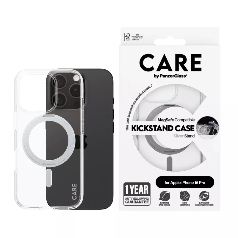 PanzerGlass CARE™ by ® Case Transparente con Kickstand plateado y MagSafe iPhone 16 Pro