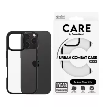 Funda PanzerGlass CARE™ by ® Urban Combat transparente con marco negro para iPhone 16 Pro