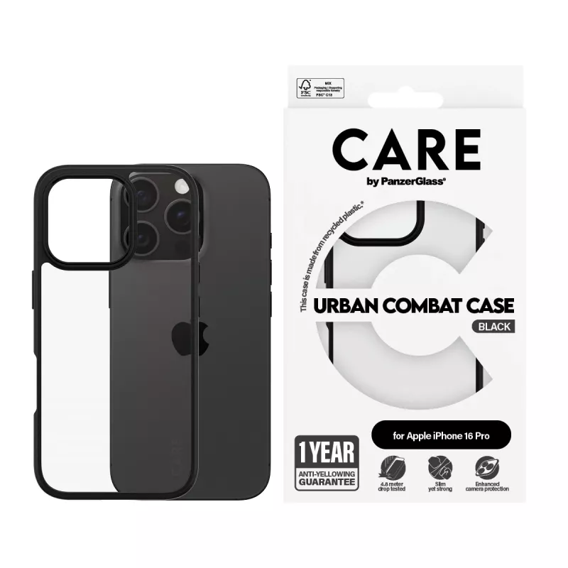 Funda PanzerGlass CARE™ by ® Urban Combat transparente con marco negro para iPhone 16 Pro
