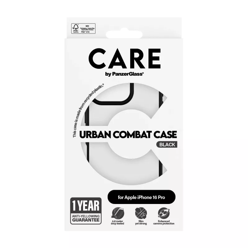 Funda PanzerGlass CARE™ by ® Urban Combat transparente con marco negro para iPhone 16 Pro