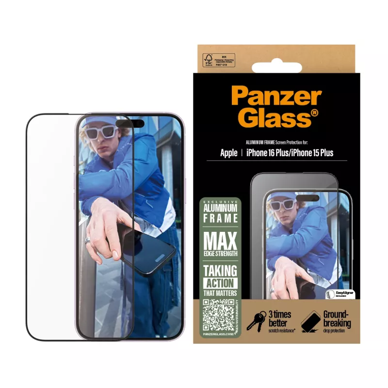Protector de pantalla PanzerGlass® con marco de aluminio iPhone 16 Plus | 15 Plus | Ultra-Wide Fit
