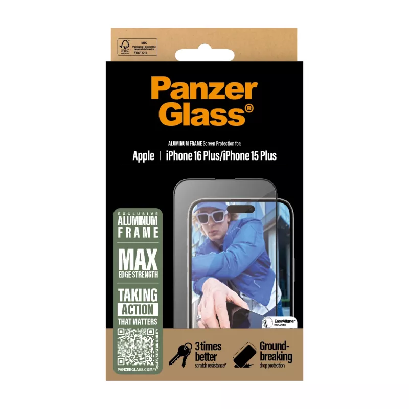 Protector de pantalla PanzerGlass® con marco de aluminio iPhone 16 Plus | 15 Plus | Ultra-Wide Fit
