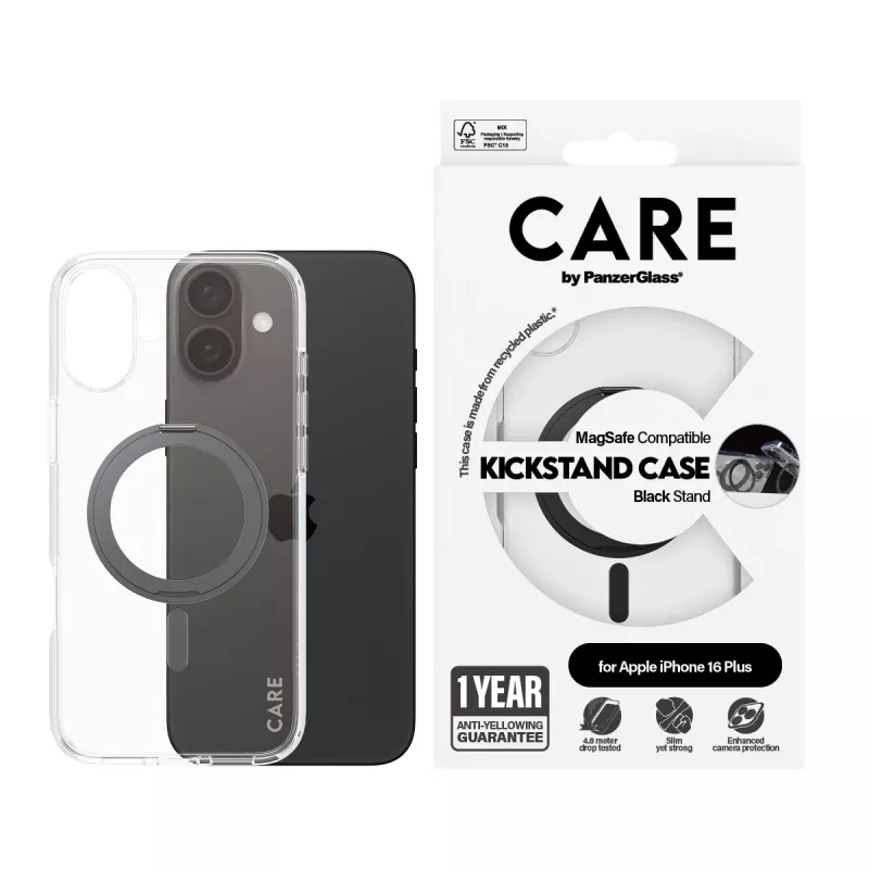 PanzerGlass CARE™ by ® Case Transparente con Kickstand negro y MagSafe iPhone 16 Plus