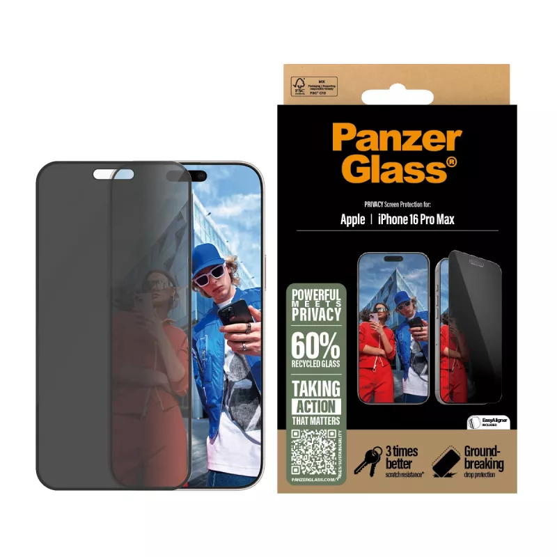 Protector de pantalla con privacidad PanzerGlass ® iPhone 16 Pro Max | Ultra-Wide Fit con EasyAligner