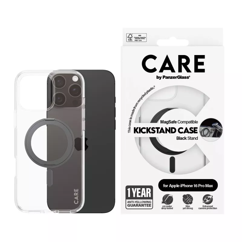 Funda PanzerGlass CARE™ by ® Case transparente con Kickstand negro y MagSafe para iPhone 16 Pro Max