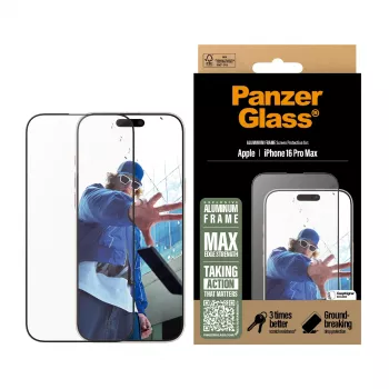 Protector de pantalla PanzerGlass® marco de aluminio iPhone 16 Pro Max | Ultra-Wide Fit