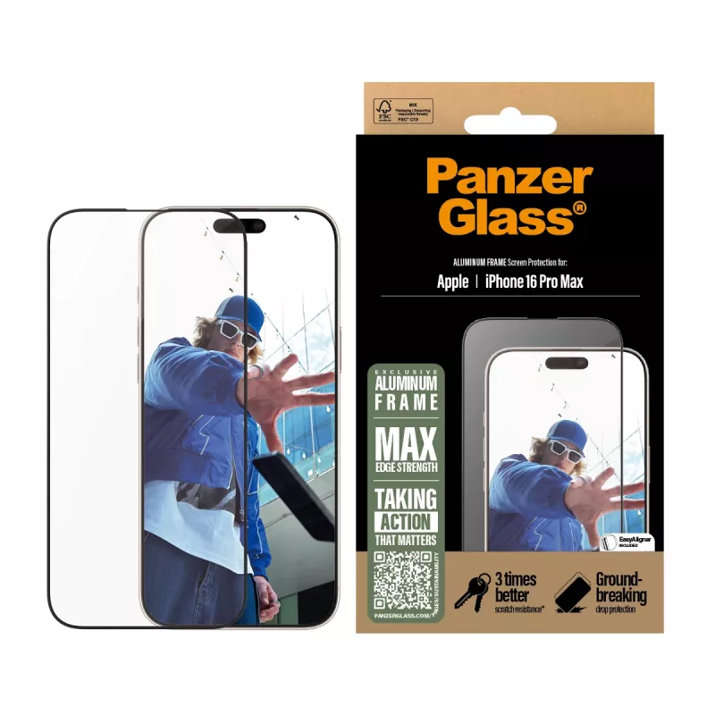 Protector de pantalla PanzerGlass® marco de aluminio iPhone 16 Pro Max | Ultra-Wide Fit
