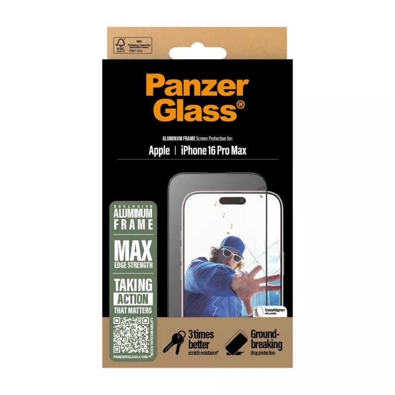 Protector de pantalla PanzerGlass® marco de aluminio iPhone 16 Pro Max | Ultra-Wide Fit