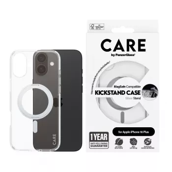 Funda PanzerGlass CARE™ by ® transparente con Kickstand plateado y MagSafe iPhone 16 Plus