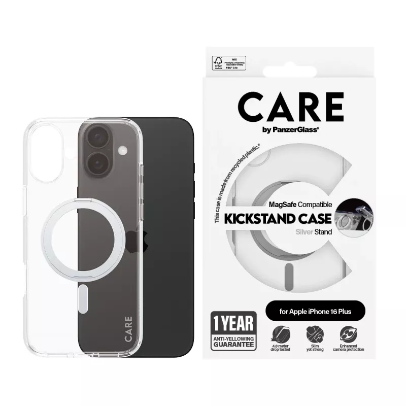 Funda PanzerGlass CARE™ by ® transparente con Kickstand plateado y MagSafe iPhone 16 Plus