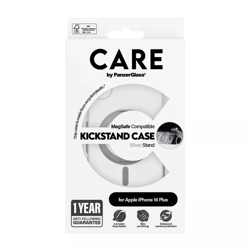 Funda PanzerGlass CARE™ by ® transparente con Kickstand plateado y MagSafe iPhone 16 Plus