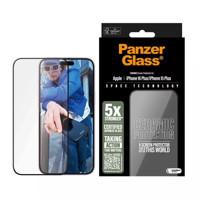 PanzerGlass ® protector de pantalla de cerámica para iPhone 16 Plus | 15 Plus | Ultra-Wide Fit con EasyAligner