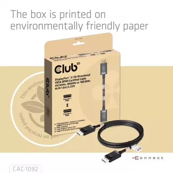Cable CLUB3D DisplayPort™ 2.1 Bidireccional VESA DP80 Certificado 4K240Hz, 8K60Hz o 10K60Hz M/M 1.6m/5.25ft