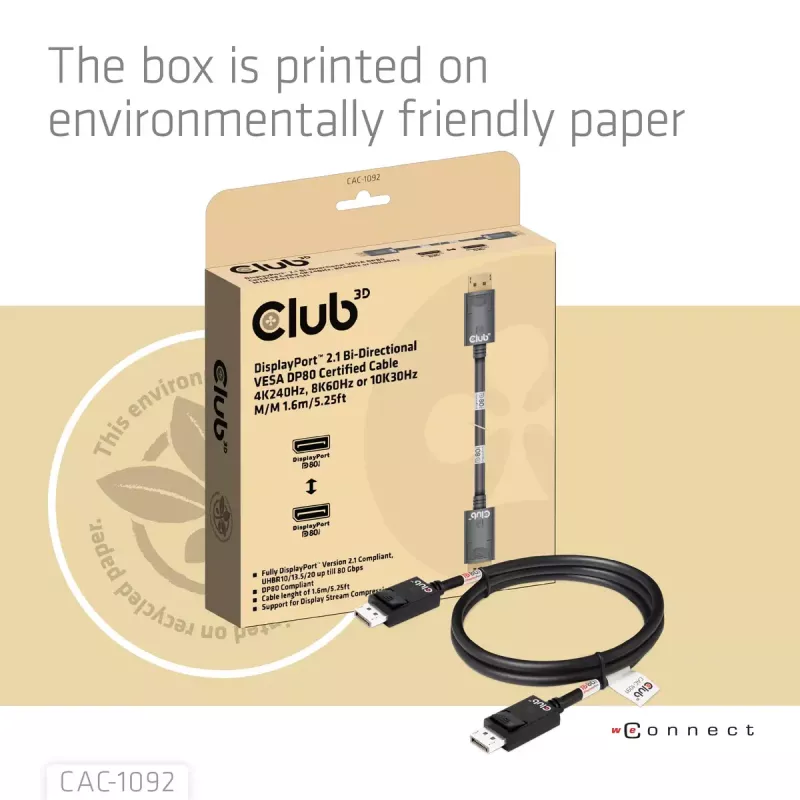 Cable CLUB3D DisplayPort™ 2.1 Bidireccional VESA DP80 Certificado 4K240Hz, 8K60Hz o 10K60Hz M/M 1.6m/5.25ft