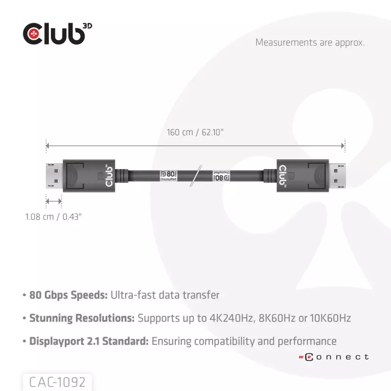 Cable CLUB3D DisplayPort™ 2.1 Bidireccional VESA DP80 Certificado 4K240Hz, 8K60Hz o 10K60Hz M/M 1.6m/5.25ft