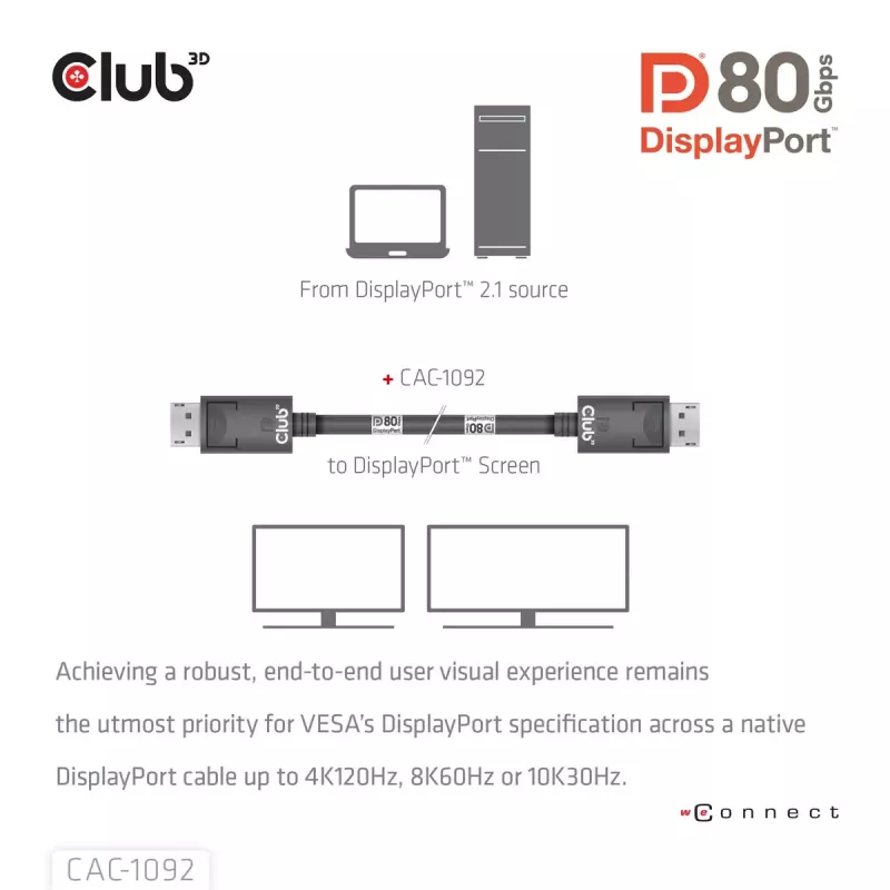 Cable CLUB3D DisplayPort™ 2.1 Bidireccional VESA DP80 Certificado 4K240Hz, 8K60Hz o 10K60Hz M/M 1.6m/5.25ft