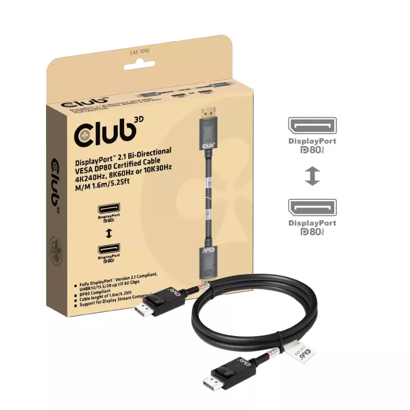 Cable CLUB3D DisplayPort™ 2.1 Bidireccional VESA DP80 Certificado 4K240Hz, 8K60Hz o 10K60Hz M/M 1.6m/5.25ft