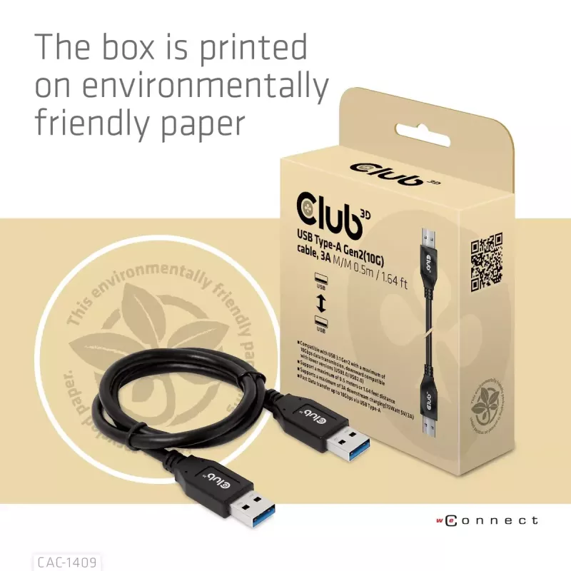 Cable CLUB3D USB Type-A Gen2(10G), 3A M/M 0.5m / 1.64 ft