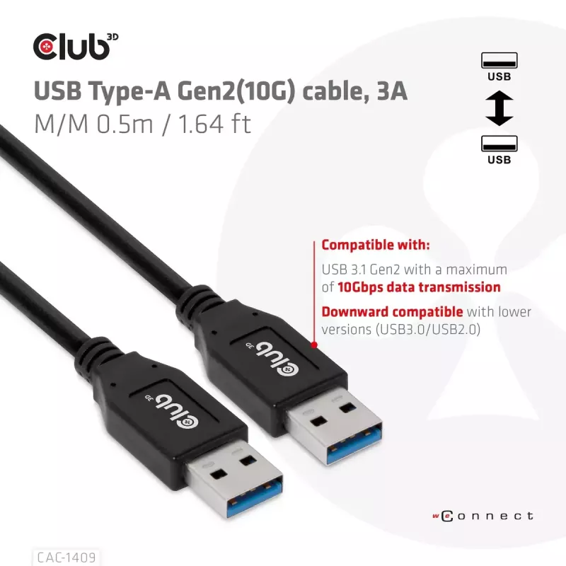 Cable CLUB3D USB Type-A Gen2(10G), 3A M/M 0.5m / 1.64 ft