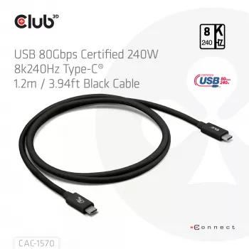 Cable USB Type-C CLUB3D CAC-1570 1,2m — 80Gbps, 240W, compatible con 8K@240Hz, negro