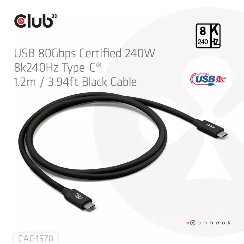 Cable USB Type-C CLUB3D CAC-1570 1,2m — 80Gbps, 240W, compatible con 8K@240Hz, negro
