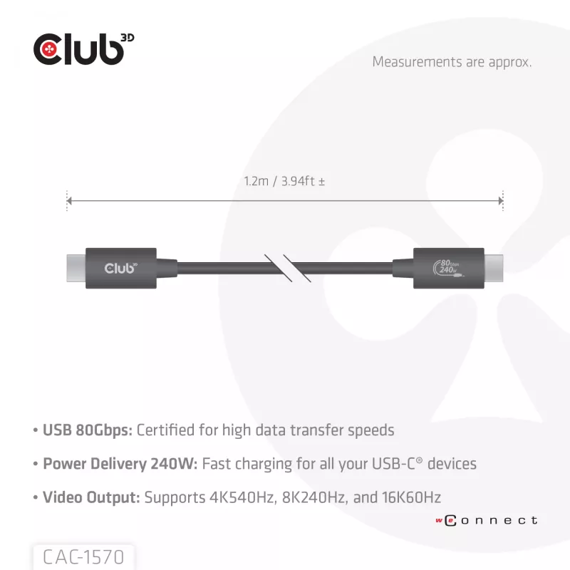 Cable USB Type-C CLUB3D CAC-1570 1,2m — 80Gbps, 240W, compatible con 8K@240Hz, negro