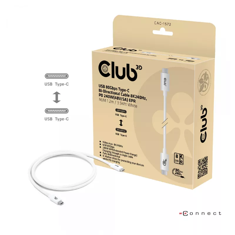 Club3D CAC-1572 cable certificado USB 80 Gbps, de USB-C a USB-C, 240 W PD, 8K240Hz, 1,2 m, blanco