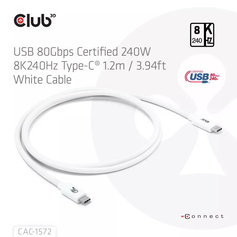 Club3D CAC-1572 cable certificado USB 80 Gbps, de USB-C a USB-C, 240 W PD, 8K240Hz, 1,2 m, blanco