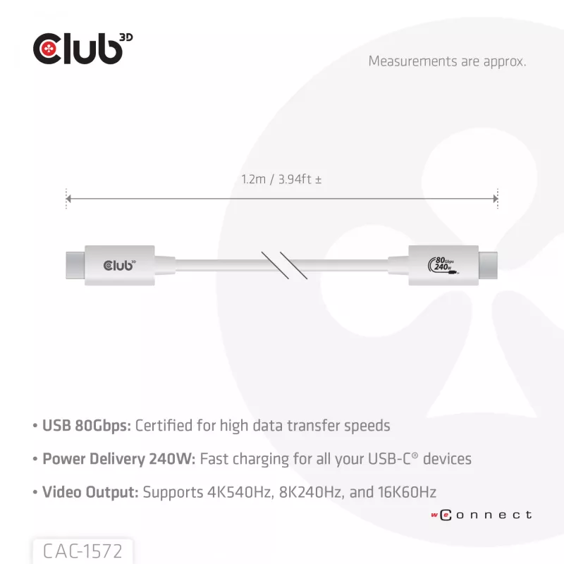 Club3D CAC-1572 cable certificado USB 80 Gbps, de USB-C a USB-C, 240 W PD, 8K240Hz, 1,2 m, blanco