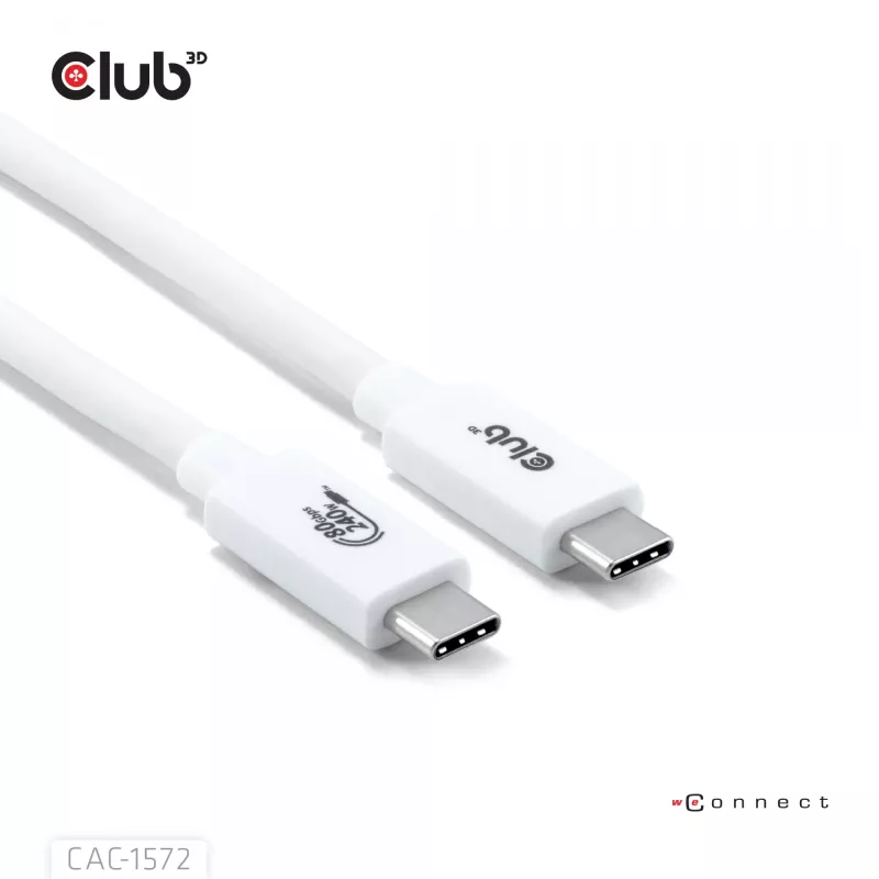 Club3D CAC-1572 cable certificado USB 80 Gbps, de USB-C a USB-C, 240 W PD, 8K240Hz, 1,2 m, blanco