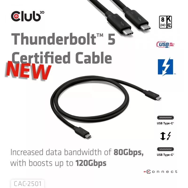 Cable certificado CLUB3D Thunderbolt™ 5 8K240Hz datos 80/120 Gbps EPR 240 vatios M/M 1m / 3,28ft