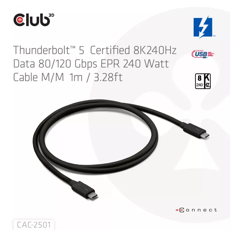 Cable certificado CLUB3D Thunderbolt™ 5 8K240Hz datos 80/120 Gbps EPR 240 vatios M/M 1m / 3,28ft