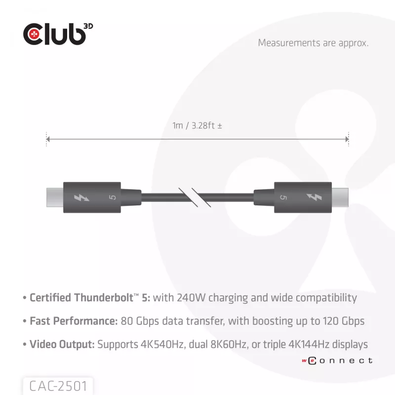 Cable certificado CLUB3D Thunderbolt™ 5 8K240Hz datos 80/120 Gbps EPR 240 vatios M/M 1m / 3,28ft