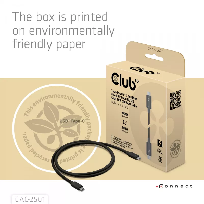 Cable certificado CLUB3D Thunderbolt™ 5 8K240Hz datos 80/120 Gbps EPR 240 vatios M/M 1m / 3,28ft
