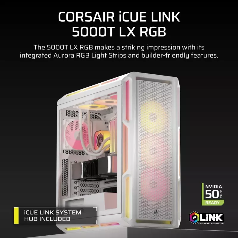 Caja para PC CORSAIR - 5000T LX RGB Midi-Tower (cristal templado) blanca