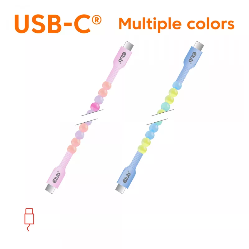 Club 3D CAC-3010 cable de perlas de USB-C a USB-C, 2 m, PD 60 W, 480 Mbps, rosa