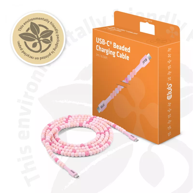 Club 3D CAC-3010 cable de perlas de USB-C a USB-C, 2 m, PD 60 W, 480 Mbps, rosa