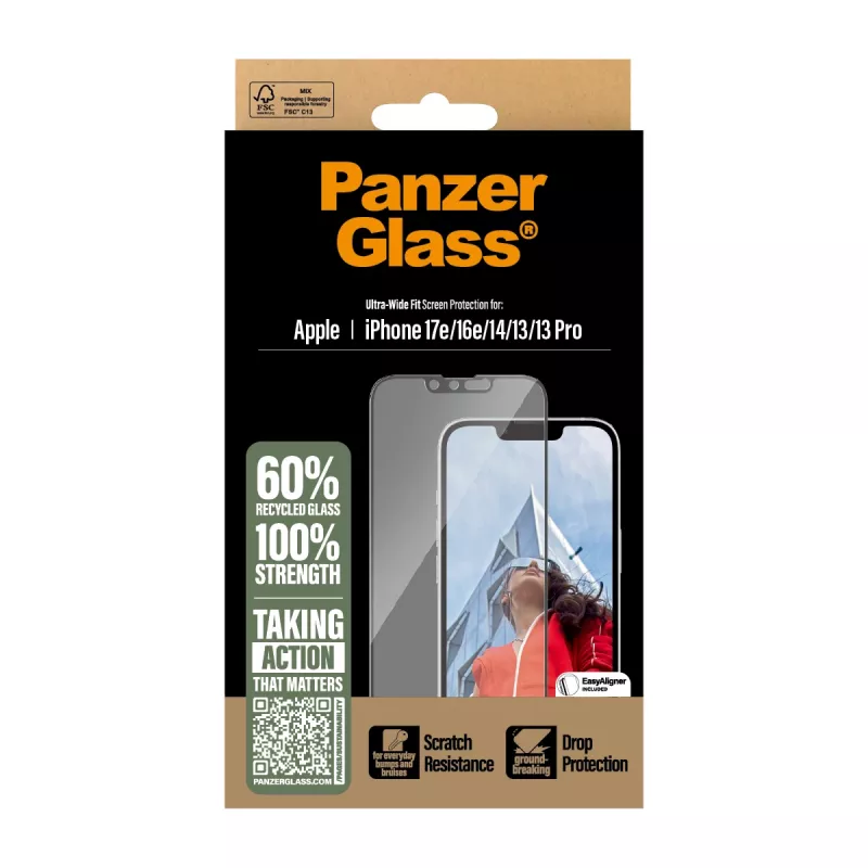 Protector de pantalla PanzerGlass ® iPhone 17e | 16e | 14 | 13 | 13 Pro | Ultra-Wide Fit con EasyAligner