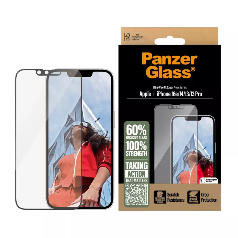Protector de pantalla PanzerGlass ® iPhone 17e | 16e | 14 | 13 | 13 Pro | Ultra-Wide Fit con EasyAligner