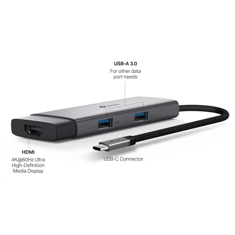 TP-Link UH5020C hub USB-C de 5 puertos, HDMI 4K@60Hz, 100 W Power Delivery, 1x USB-C, 2x USB-A, 5 Gbps, aluminio, gris