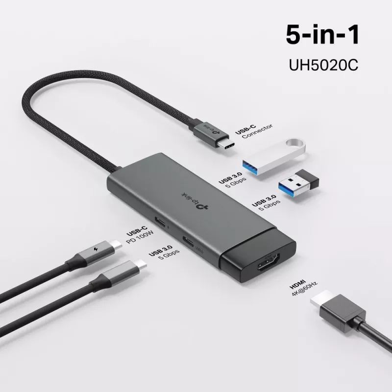 TP-Link UH5020C hub USB-C de 5 puertos, HDMI 4K@60Hz, 100 W Power Delivery, 1x USB-C, 2x USB-A, 5 Gbps, aluminio, gris