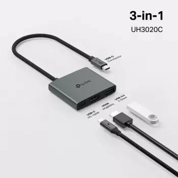 Hub USB Type-C TP-Link UH3020C — 3 puertos (HDMI, USB-A, USB-C), 5 Gbit/s, HDMI 4K@60Hz, PD hasta 100W, aluminio, cable de 0,18 m